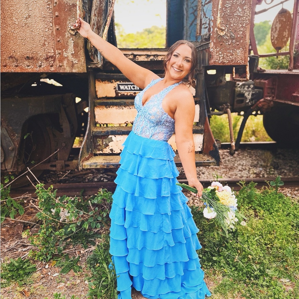 Sky Blue Ruffled Halter Dress - Picture 3 of 4